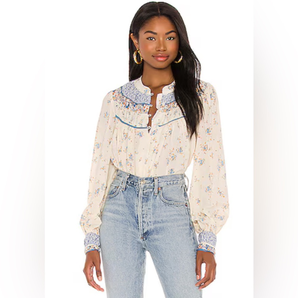 FREE PEOPLE Paloma Printed Blouse in Tea Combo Preowned Size Medium